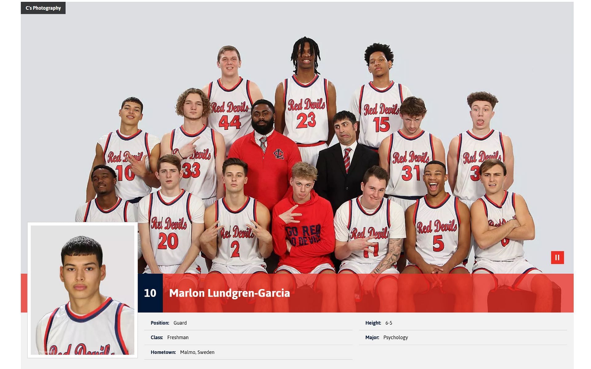 Red Devils' 2020-2021 men's basketball roster, for which Garcia played as the Guard, standing 6-feet-5-inches tall (Image via lccreddevils.com)